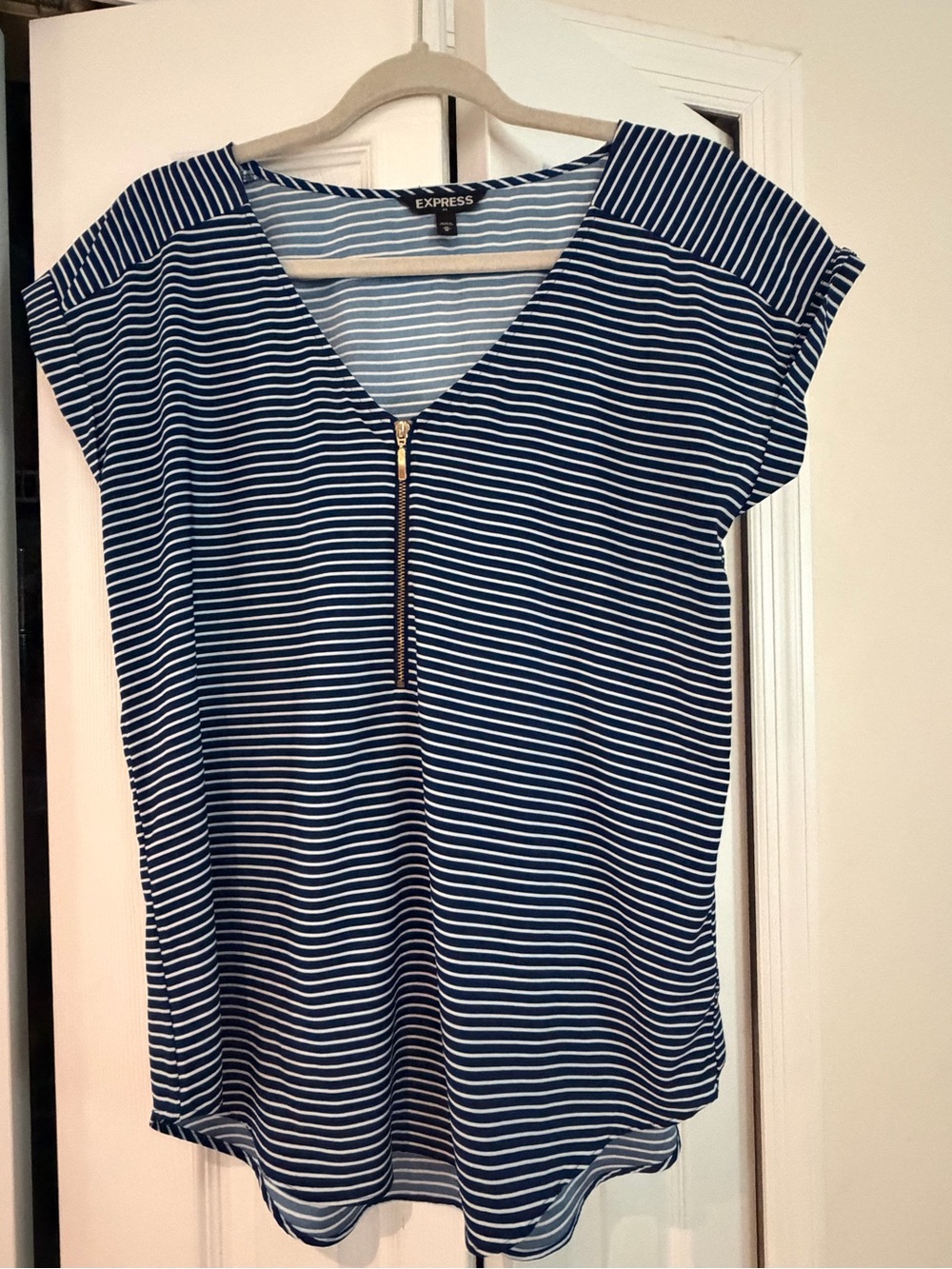 Express Navy & White Striped V‑Neck Zip Blouse